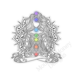 May include: A black and white line drawing of a woman in a yoga pose with a mandala behind her. The woman has seven chakras represented by colored circles along her spine.
