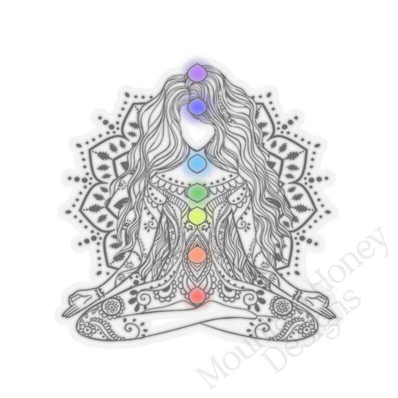 May include: A black and white line drawing of a woman in a yoga pose with a mandala behind her. The woman has seven chakras represented by colored circles along her spine.