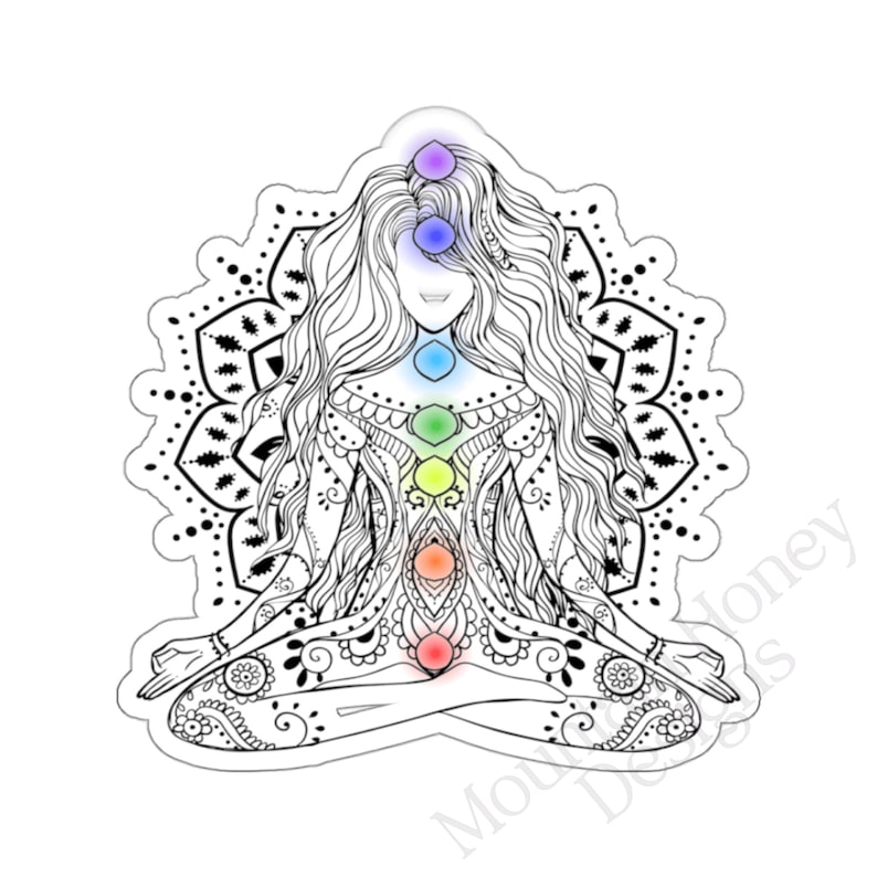May include: A black and white line drawing of a woman in a yoga pose with a mandala behind her. The woman has seven chakras represented by colored circles along her spine. The chakras are purple, indigo, blue, green, yellow, orange, and red.
