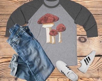 Mushroom 3/4 Sleeve Raglan Baseball T-shirt, Mushroom Shirt, Cottagecore, Goblincore, Fairycore, Cute Mushroom Shirt, Botanical Shirt, Fungi