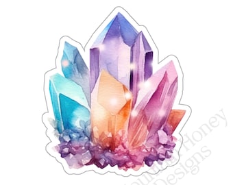 Könnte beinhalten: Aquarell-Illustration eines Kristallclusters in Blau-, Lila-, Orange- und Rosatönen. Die Kristalle haben einen Glitzereffekt und sind in einer geschichteten Formation angeordnet. Das Design befindet sich auf weißem Hintergrund.