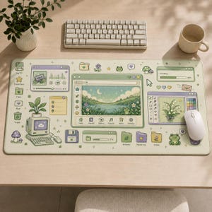 Può includere: Un tappetino da scrivania rettangolare con sfondo verde chiaro e un design dell'interfaccia in pixel art. Mostra varie finestre del computer, icone, un paesaggio con una rana, un computer vintage, un floppy disk e illustrazioni floreali.