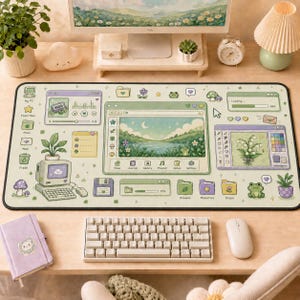 May include: A rectangular desk mat featuring a light green background with a digital interface design. It includes illustrations of computer windows, folders, a retro computer, a frog, mushrooms, and flowers, with text labels like Home, Journal, and Gallery.