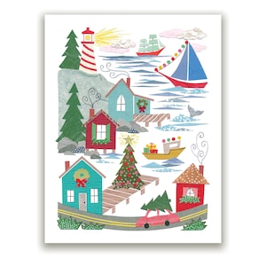 Christmas in the Cove - Tarjeta de felicitación - Seaside Christmas - Ocean Holiday Card - Christmas Fishing Village