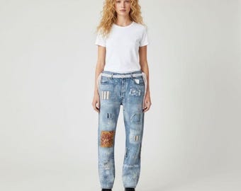 Jeans Levi's 501 Boyfriend reciclados, estilo shabby chic desgastado, talla 34x30