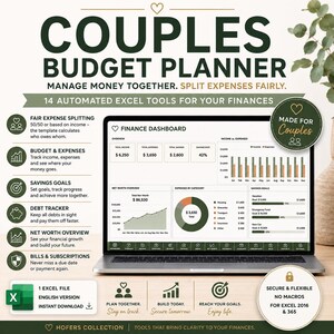 Könnte beinhalten: Ein digitaler Haushaltsplaner für Paare auf einem Laptop-Bildschirm, der ein Finanz-Dashboard mit Diagrammen, Einnahmen, Ausgaben und Sparzielen zeigt. Der Text enthält 'COUPLES BUDGET PLANNER', '14 AUTOMATED EXCEL TOOLS' und 'MADE FOR COUPLES'.
