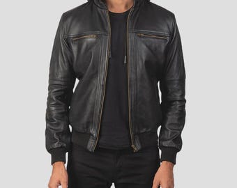 Men's Black Leather Hooded Bomber Jacket | Classic Flight Style Outerwear