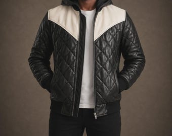 Men's Nightshield Black Hooded Leather Puffer Bomber Jacket
