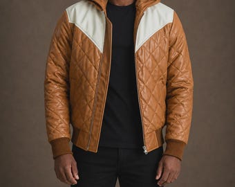 Men's Sandstone Tan Hooded Leather Puffer Bomber Jacket