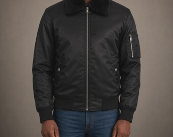 Men's Falcon B-15 Black Satin Bomber Jacket
