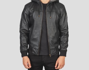 Men's Black Hooded Leather Bomber Jacket | Classic Casual Flight Jacket