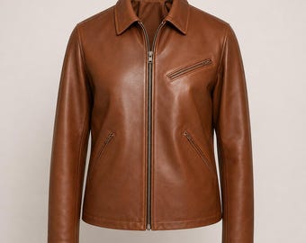 Men’s Cognac Brown Leather Jacket – Vintage Cafe Racer Motorcycle Style