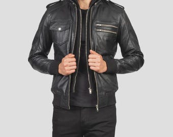 Men's Black Hooded Leather Bomber Jacket | Classic Motorcycle Flight Jacket