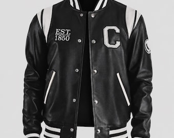 Men's California Black Leather Varsity Jacket | Genuine Leather Letterman Coat