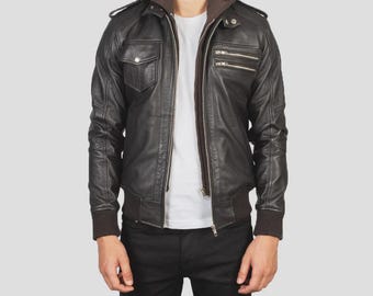 Men's Black Genuine Leather Hooded Bomber Jacket | Classic Flight Jacket | Motorcycle Style Outerwear