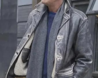 Anthony Bourdain Inspired Mens Distressed Black Leather Coat, Vintage Lapel Outerwear