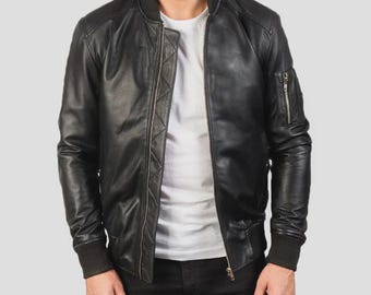 Men's Black Leather MA-1 Bomber Jacket | Classic Military Flight Jacket