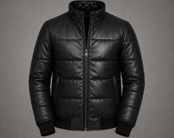 Men's Black Genuine Leather Puffer Coat with Stand Collar