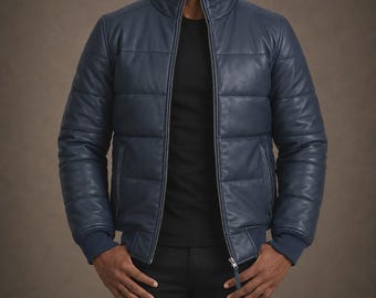 Men's Cobalt Blue Leather Puffer Bomber Jacket