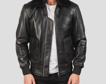Men's Black Genuine Leather Hooded Bomber Jacket | Classic Flight Motorcycle Style Outerwear