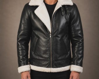 Men's Glacier B-3 Black & White Shearling Leather Bomber Jacket