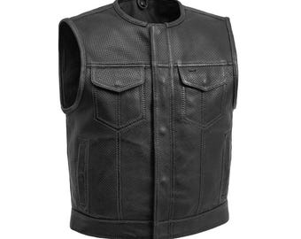 Men's Black Genuine Leather Motorcycle Vest | Classic Biker Riding Vest