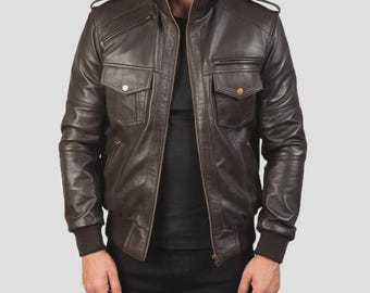 Men's Brown Leather Bomber Jacket | Vintage Military Flight Style Outerwear
