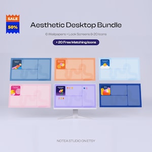 May include: A digital desktop bundle featuring the text Aesthetic Desktop Bundle, 6 Wallpapers + Lock Screens & 20 Icons, and + 20 Free Matching Icons. The display shows six colorful desktop backgrounds in blue, orange, light blue, pink, purple, and dark blue.