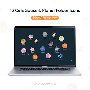 May include: A laptop screen displaying 13 cute space and planet folder icons with various colors and facial expressions. The text reads 13 Cute Space & Planet Folder Icons, Mac & Windows, and NOTEA STUDIO ON ETSY. The background is dark blue.