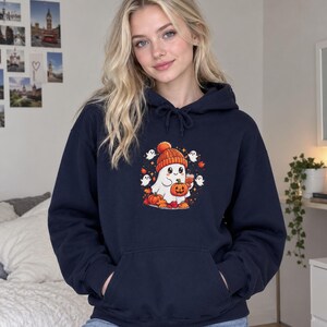 Ghost Pumpkin Hoodie, Autumn Fleece Sweatshirt, Spooky Season Gift