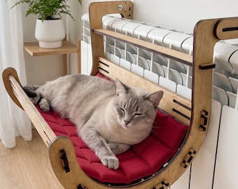 Cat Radiator Bed Hammock with Cushion | Wooden Cat Window Perch | Warm Heated Pet Bed | Gift for Cat Lover | Christmas Present