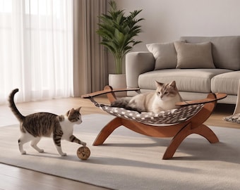 Wooden Cat Hammock with Cushion | Elevated Boho Cat Bed | Minimalist Floor Pet Lounger | Cozy Cat Nest, Gift for Cat Lover