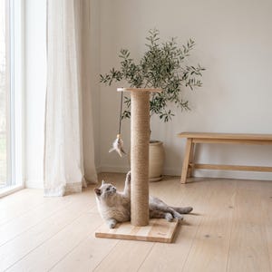 May include: A cat scratching post featuring a tall, cylindrical column wrapped in natural beige sisal rope, mounted on a square light-colored wooden base. A small, dangling toy with feathers hangs from the top platform by a thin black cord.