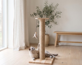 Solid Beech Wood Cat Scratching Post with Toy | Natural Jute Rope Scratcher | Modern Kitten Furniture