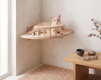 Wall Mounted Cat Bed Shelf | Floating Wood Corner Perch | Modern Japandi Cat Wall Furniture | Personalized Pet Gift, Christmas Present