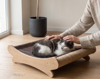 Cat Scratcher Lounge Bed | Wooden Cat Sofa with Sisal Scratching Pad | Modern Japandi Cat Furniture, Minimalist Boho Cat Bed, Pet Lover Gift