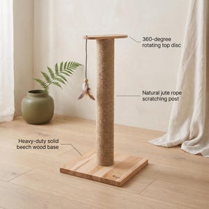 May include: A cat scratching post featuring a heavy-duty solid beech wood base, a natural jute rope scratching post, and a 360-degree rotating top disc. A thin black string hangs from the top with a small wooden bead and brown feathers.