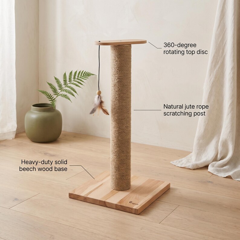 May include: A cat scratching post featuring a heavy-duty solid beech wood base, a natural jute rope scratching post, and a 360-degree rotating top disc. A thin black string hangs from the top with a small wooden bead and brown feathers.