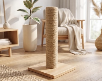 Natural Beech Wood Cat Scratching Post | Sturdy Jute Rope Scratcher | Modern Light Wood Cat Furniture | Cat Lover Gift