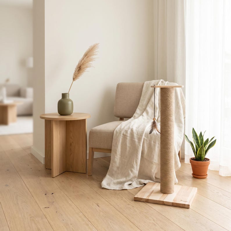 May include: A cat scratching post featuring a square light wood base, a vertical cylindrical post wrapped in thick tan sisal rope, and a small dangling feather toy attached to the top platform, designed for feline claw maintenance.