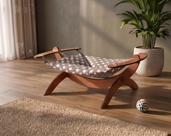 Wooden Cat Hammock with Cushion | Curved Wood Cat Bed | Elevated Pet Furniture | Modern Cat Lounger | Handmade Cat Hammock