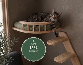 Eco Wooden Cat Wall Corner Bed with Steps, Floating Shelves Climbing Gym