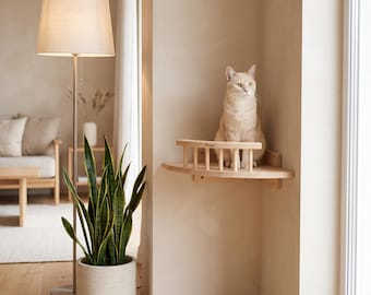 Wooden Cat Hammock with Cushion, Elevated Raised Cat Bed in Boho Style, Minimalist Floor Pet Lounger Cozy Nest, Personalized Cat Lover Gift