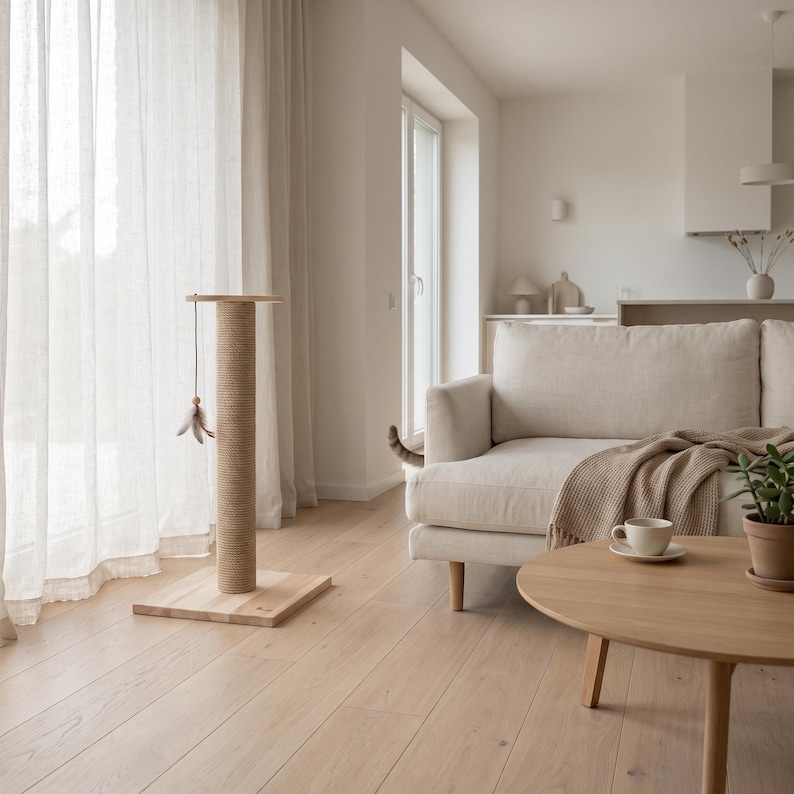 May include: A cylindrical cat scratching post with a light-colored wooden square base and a sisal-wrapped column. A small dangling toy with feathers is attached to the top of the post, which stands upright on a light-toned wooden floor.