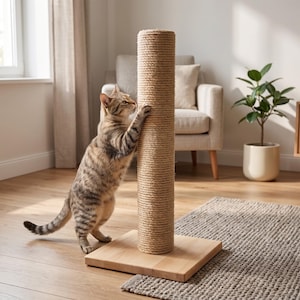 May include: A tall, cylindrical cat scratching post featuring a thick, light brown sisal rope wrap secured to a flat, square, light-colored wooden base. A brown tabby cat is standing on its hind legs, actively scratching the textured rope surface.