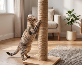 Solid Beech Wood Cat Scratching Post | Natural Jute Rope Scratcher | Modern Kitten Furniture