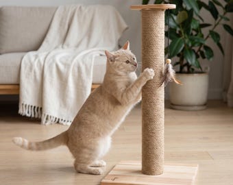 Solid Beech Wood Cat Scratching Post with Toy | Jute Cat Scratcher | Modern Pet Furniture | Gift for Cat Lover | Christmas Present