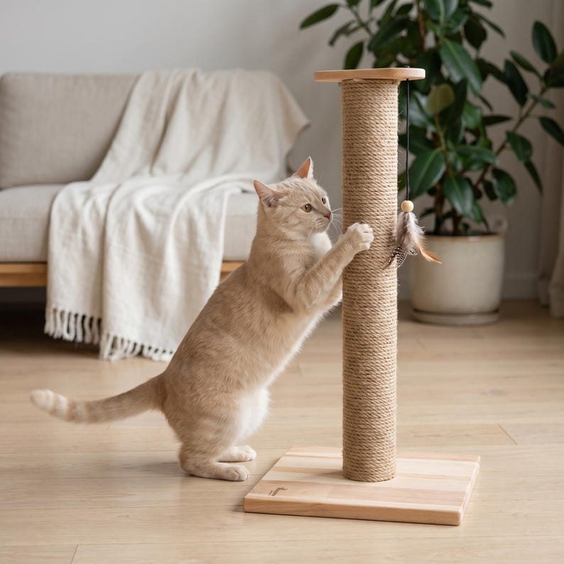 May include: A light orange cat stands on its hind legs, scratching a vertical cat scratching post. The post features a cylindrical column wrapped in thick tan sisal rope, mounted on a square light-colored wooden base with a hanging feather toy.