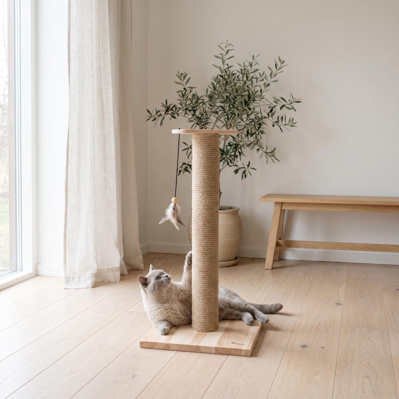May include: A cat scratching post featuring a tall, cylindrical column wrapped in natural beige sisal rope, mounted on a square light-colored wooden base. A small, dangling toy with feathers hangs from the top platform by a thin black cord.