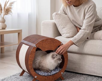 Wooden Cat House Cave with Cushion | Cylindrical Cat Bed Furniture | Modern Pet Lounger | Gift for Cat Lover | Christmas Present